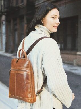 JACK GEORGES Honey Brown Leather Slim Backpack Square Minimalist Bag Purse